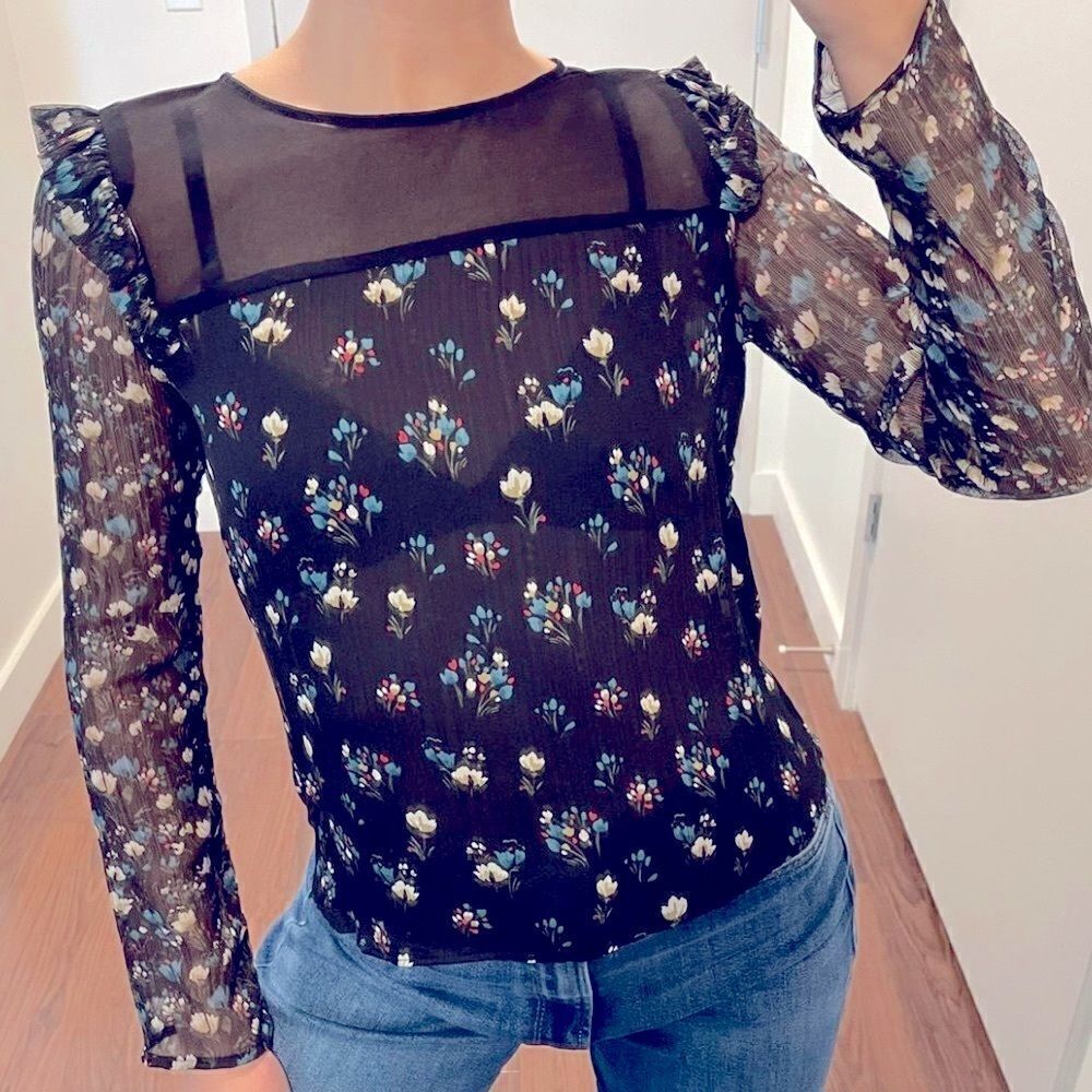 Zara Sheer Floral Long Sleeve black Blouse Sz S